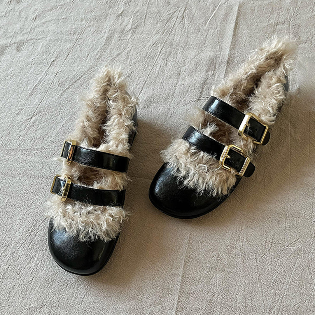 Damen Clogs mit kuscheligem Kunstfellkragen und modischen Schnallen R&B
