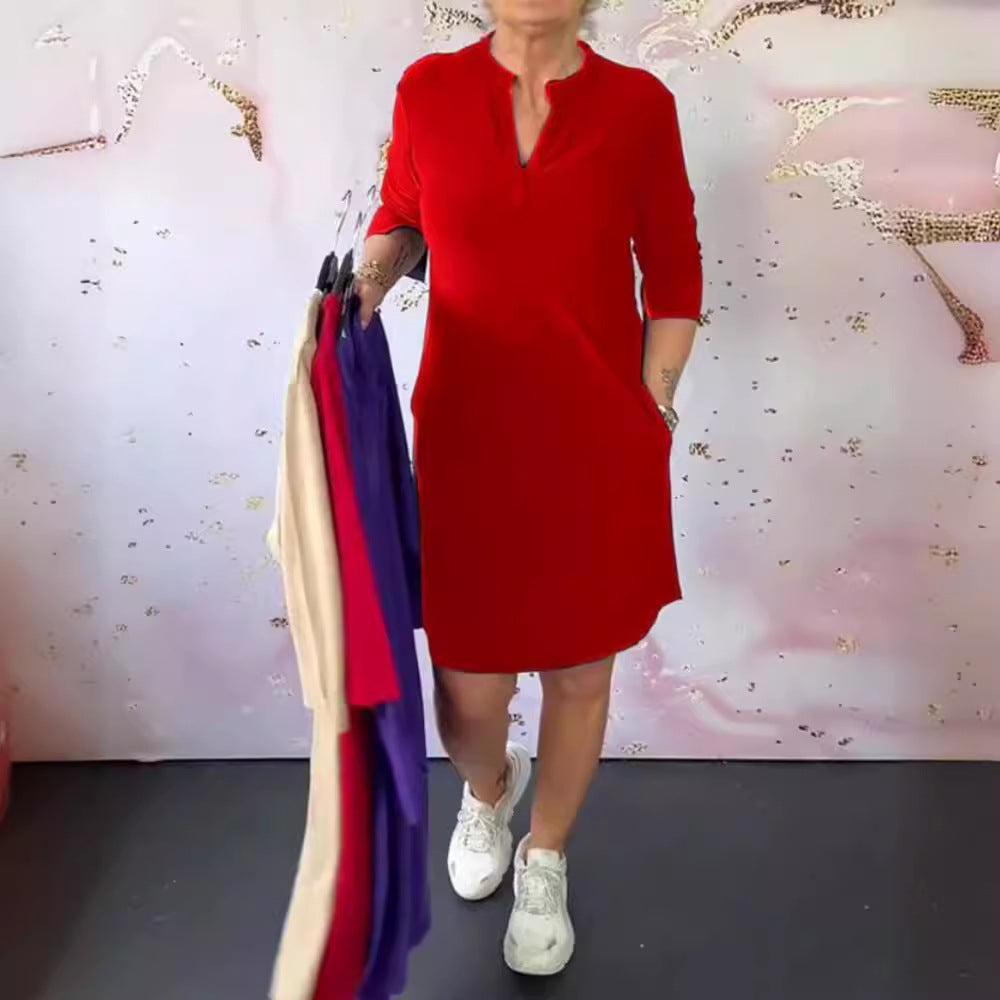 Damen nan legeres knielanges Shiftkleid aus elastischem Jersey mit Stehkragen und V-Ausschnitt R&B