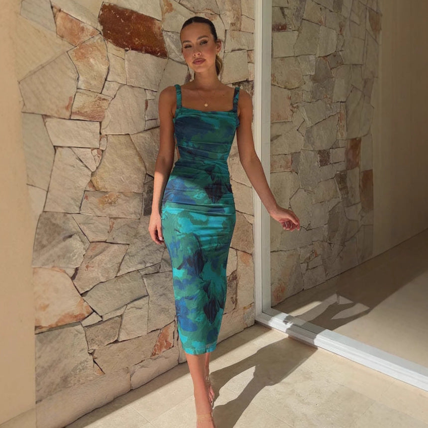 Damen Figurbetontes Maxikleid mit ästhetischem Blumendesign und Schlitzdetails EB
