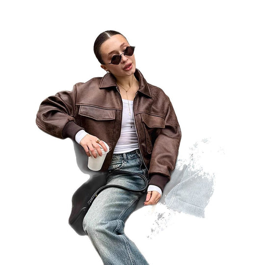 Damen cropped Kunstlederjacke mit Taschen R&B