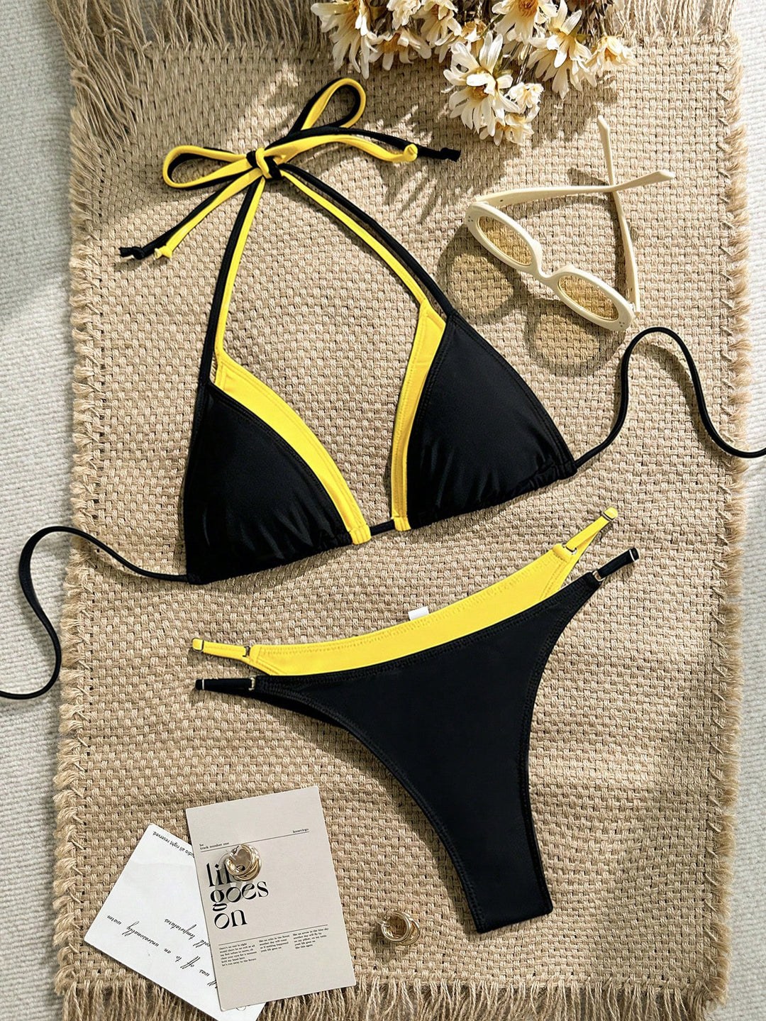 Damen Triangel-Bikini mit verstellbaren Trägern und kontrastrierendem Farbdesign R&B