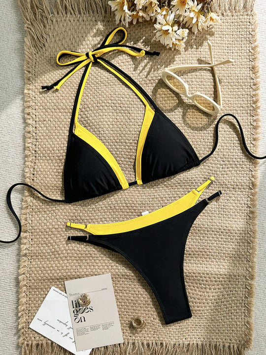 Damen Triangel-Bikini mit verstellbaren Trägern und kontrastrierendem Farbdesign R&B