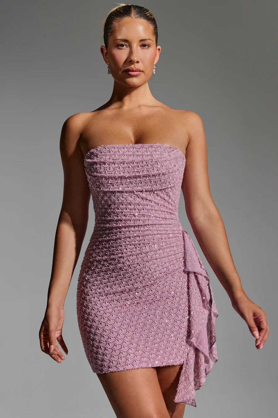 Damen Mini-Kleid mit raffinierten Rüschendetails und elastischer Struktur