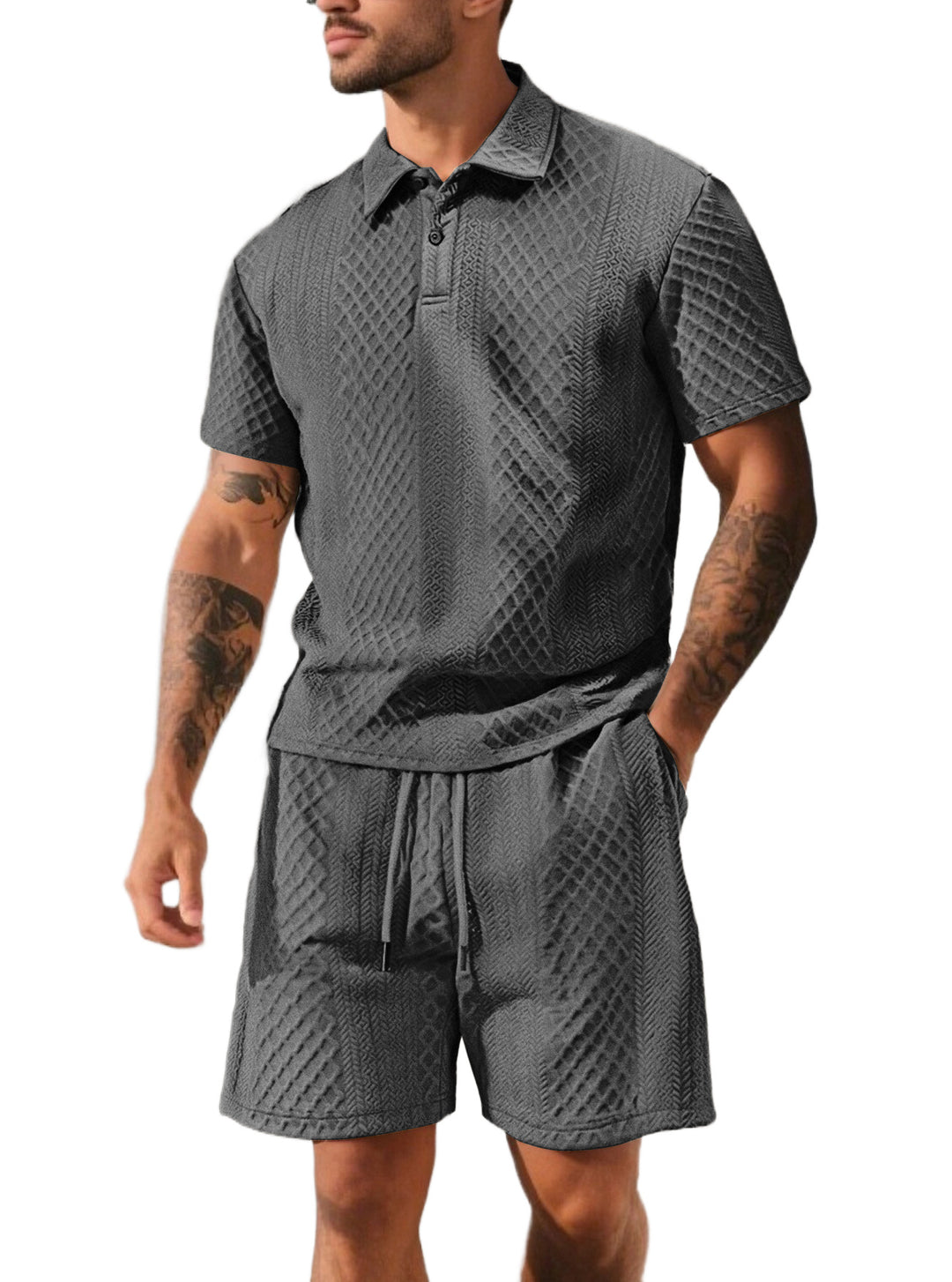 Herren nan strukturiertes Poloshirt- und Bermudashorts-Set aus gesteppter Baumwollmischung R&B