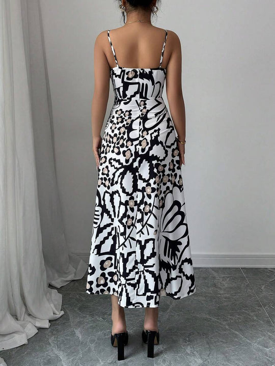 Damen Maxikleid mit elegantem grafischem Design und verstellbaren Trägern R&B