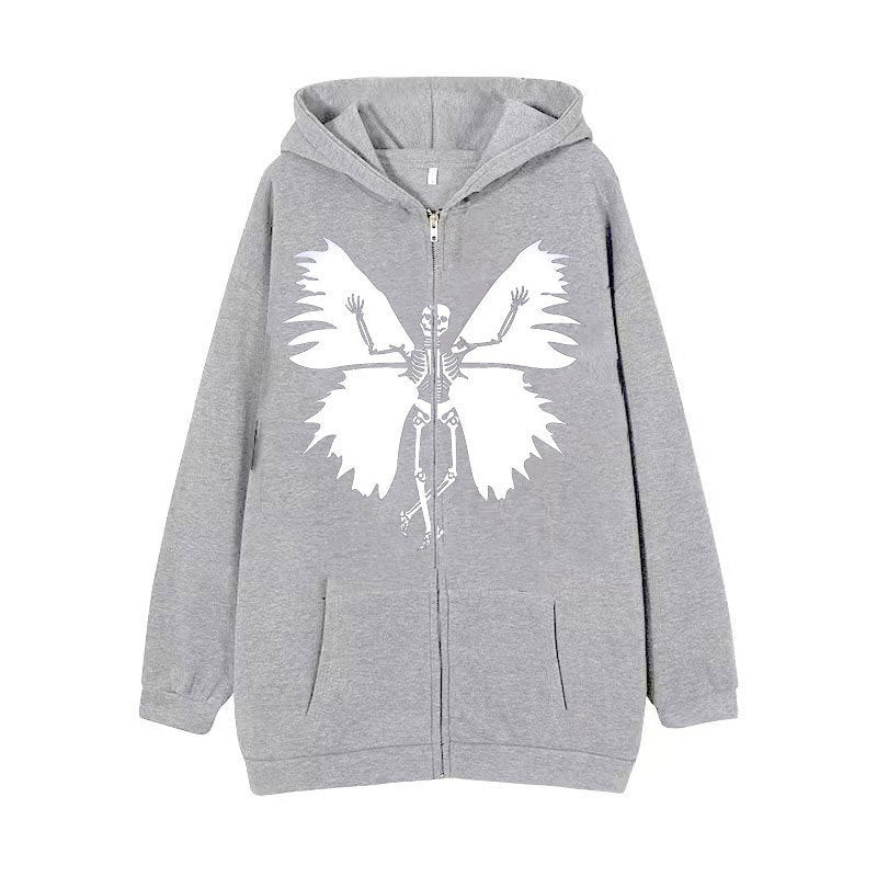 Damen Zip-Hoodie mit einzigartigem Skelett- und Schmetterlingsmotiv