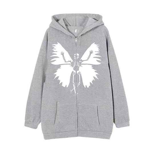 Damen Zip-Hoodie mit einzigartigem Skelett- und Schmetterlingsmotiv R&B