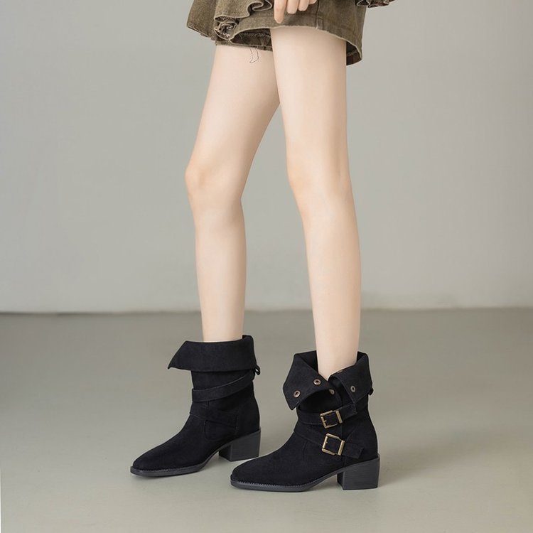 Damen Modische Stiefeletten mit verstellbaren Riemen und robustem Blockabsatz R&B