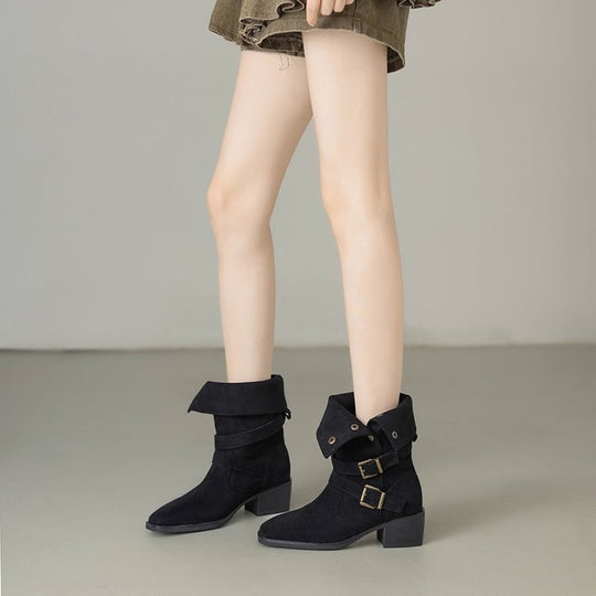 Damen Modische Stiefeletten mit verstellbaren Riemen und robustem Blockabsatz R&B