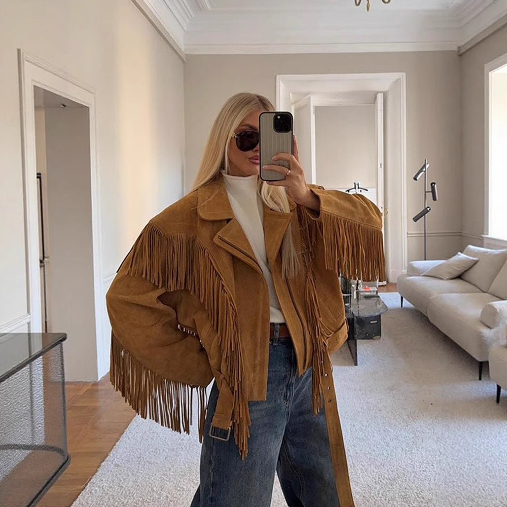 Damen Wildlederjacke mit fransigen Details und taillierbarem Gürtel R&B