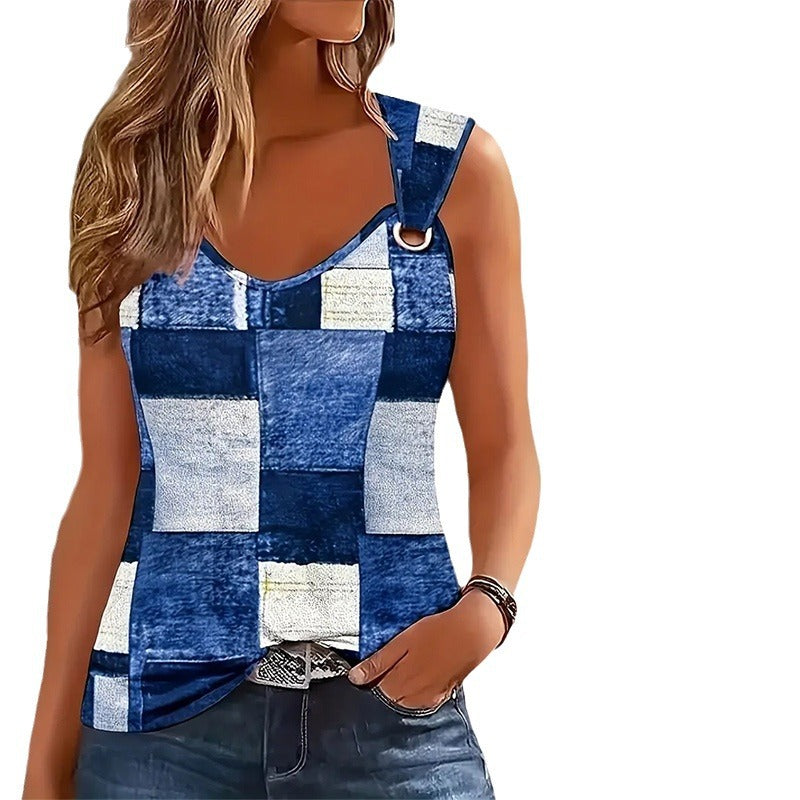 Damen ärmelloses Oberteil mit Patchwork-Design und dekorativem Knopf Heidi-Mode