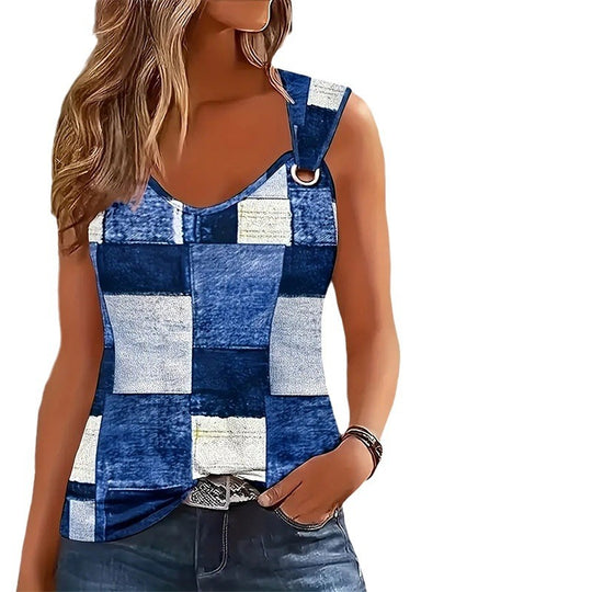 Damen nan ärmelloses Patchwork-Top mit D-Ring-Trägern und leicht asymmetrischem Saum R&B
