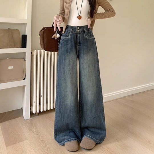 Damen Bequeme High-Waist Weitjeans mit Knopfdetail und modernen Taschen R&B