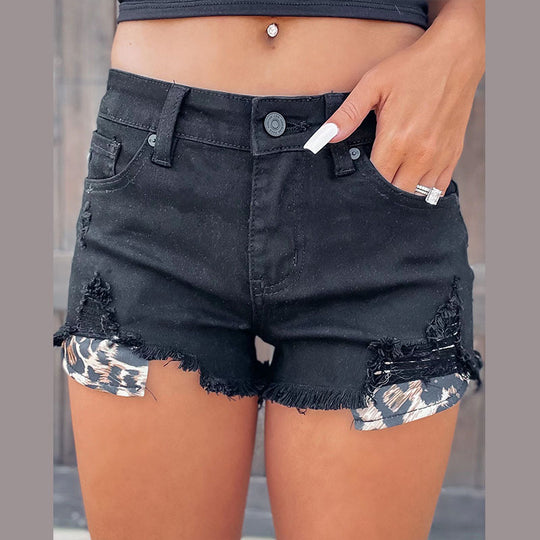 Damen Denim-Shorts mit Leoparden-Detail und modischem Destroyed-Effekt R&B