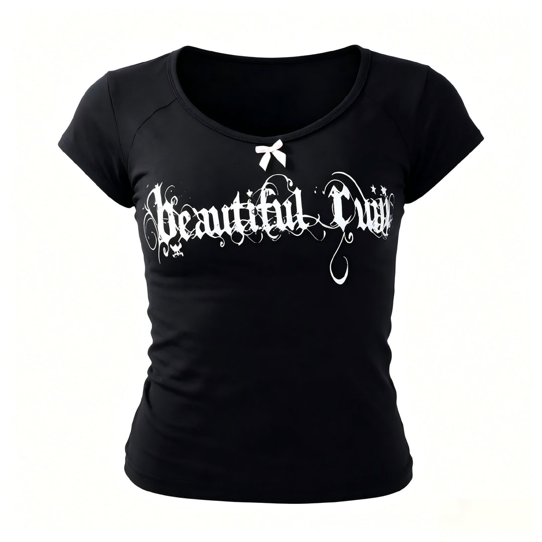 Damen Kurzarmshirt mit stilvollem Schriftzug und dekorativem Schleifenakzent R&B