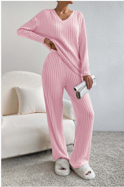 Damen Freizeit-Loungewear-Set aus weichem Rippstoff mit V-Ausschnitt R&B