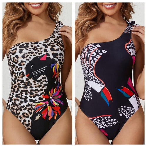Damen Einteiliger Badeanzug mit asymmetrischem Träger und auffälligem Tiermotiv R&B