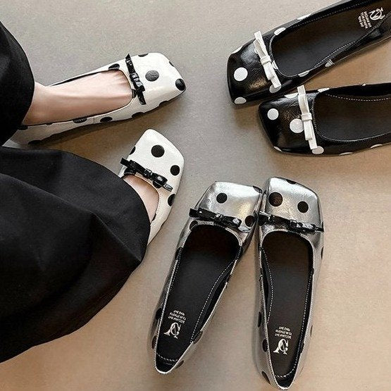 Damen elegante Ballerinas mit modischem Punktedesign und dekorativem Schleifendetail R&B