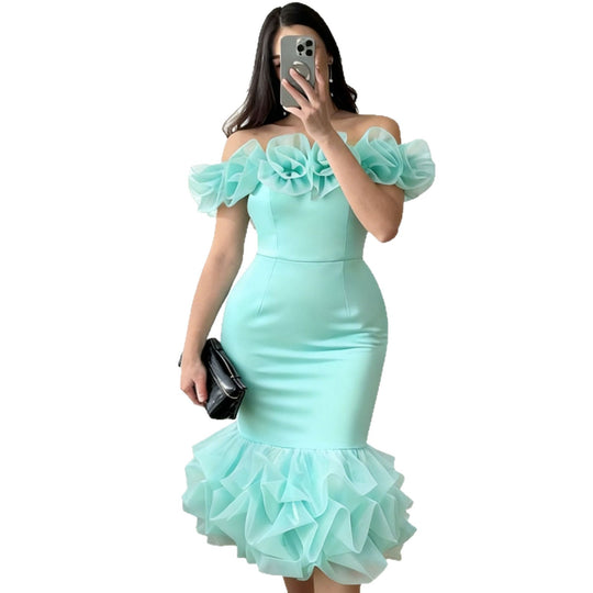 Damen Off-Shoulder Kleid mit voluminösen Rüschen R&B