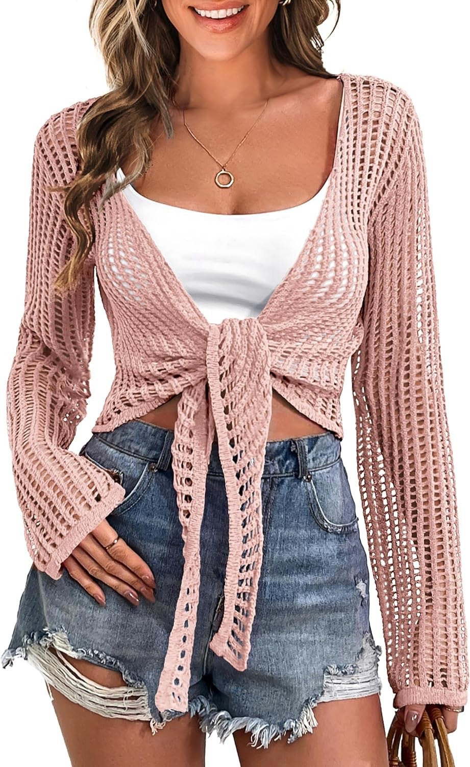 Damen luftige Strickjacke mit Fransen und Bindegurt R&B