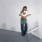 Damen Weit geschnittene Jeans mit modischem High-Waist Design und einzigartiger Waschung R&B