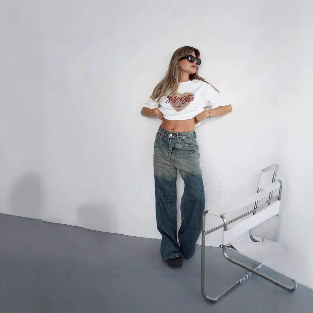 Damen Weit geschnittene Jeans mit modischem High-Waist Design und einzigartiger Waschung R&B