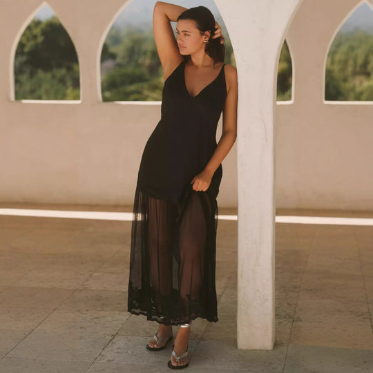 Damen nan zweiteiliges Maxikleid mit V-Ausschnitt, Spaghettiträgern und transparentem Tüllrock R&B