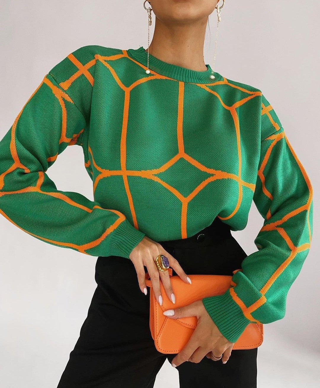 Damen modischer Strickpullover mit geometrischem Muster und Rundhalsausschnitt R&B