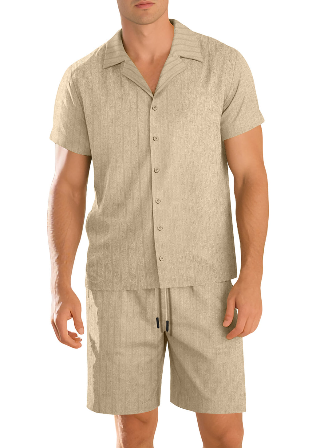 Herren nan Rippenstrick Lounge-Set mit Reverskragen Kurzarmhemd und Komfort-Bermuda R&B