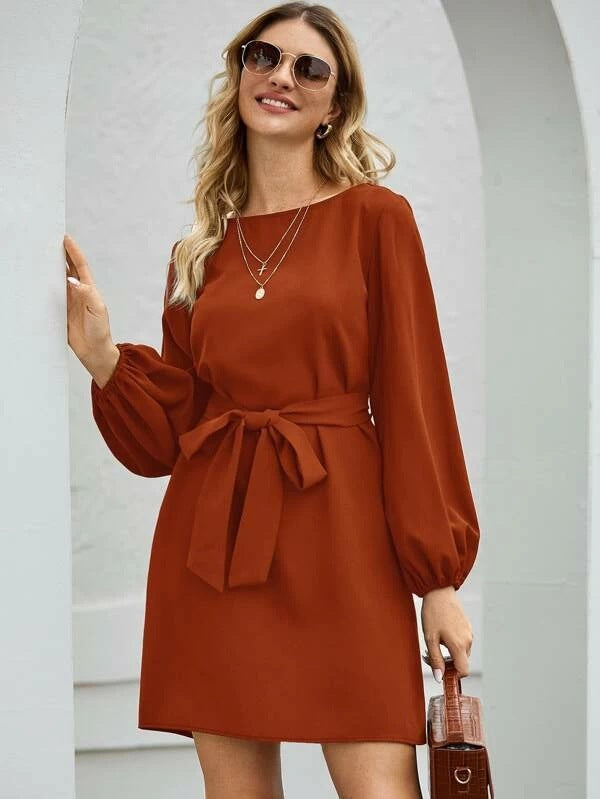 Damen Elegantes Kleid mit Ballonärmeln und Taillengürtel R&B