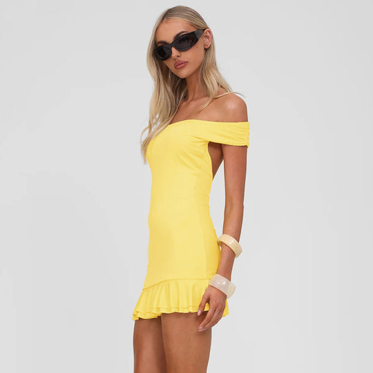 Damen Figurumspielendes Mini-Kleid mit schulterfreiem Design und raffinierten Rüschendetails R&B
