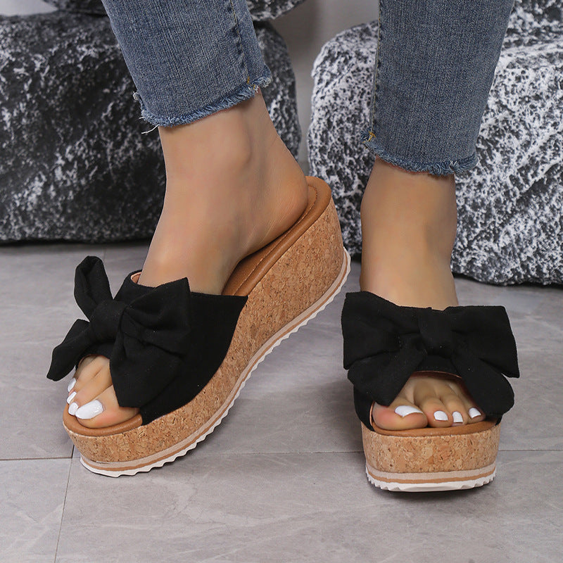 Damen Plattform-Sandalen mit modischem Leopardenmuster und eleganter Schleife R&B