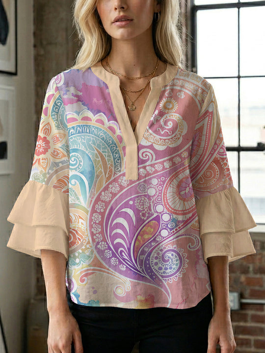 Damen Bluse mit voluminösen Rüschenärmeln und kreativem Floraldesign R&B