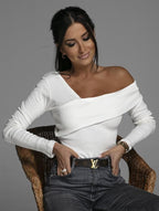 Damen Off-Shoulder Langarmshirt mit dekorativem Wickeldetail R&B