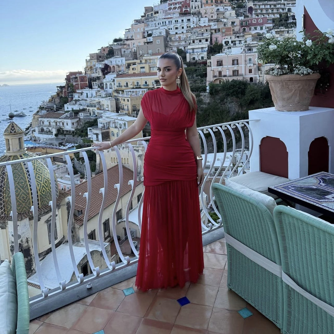 Damen Maxikleid mit modischem Stehkragen und raffiniertem Raffungselement R&B