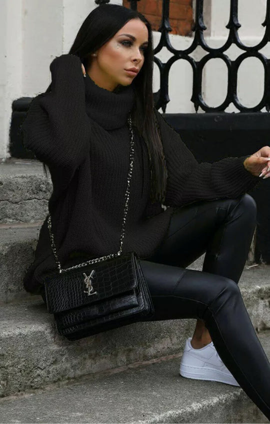 Damen Grobstrickpullover mit hohem Kragen und lässigem Schnitt R&B