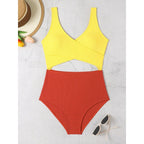 Damen Cut-Out Badeanzug mit hohem Bund und Wickeldesign R&B