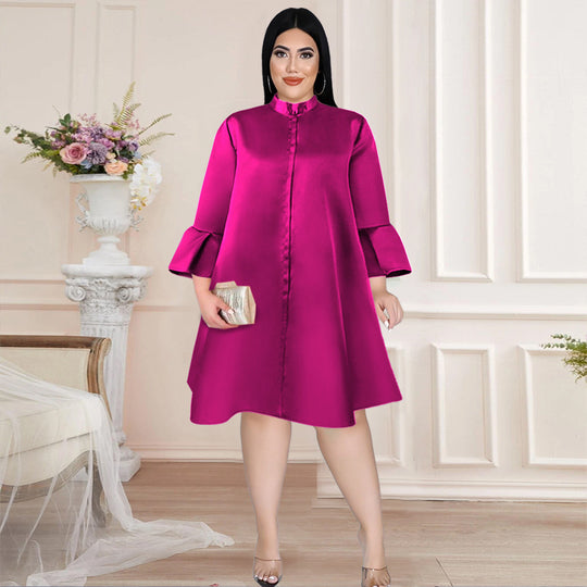 Damen elegantes Kleid mit hochgeschlossenem Kragen und weiterem Ärmel R&B