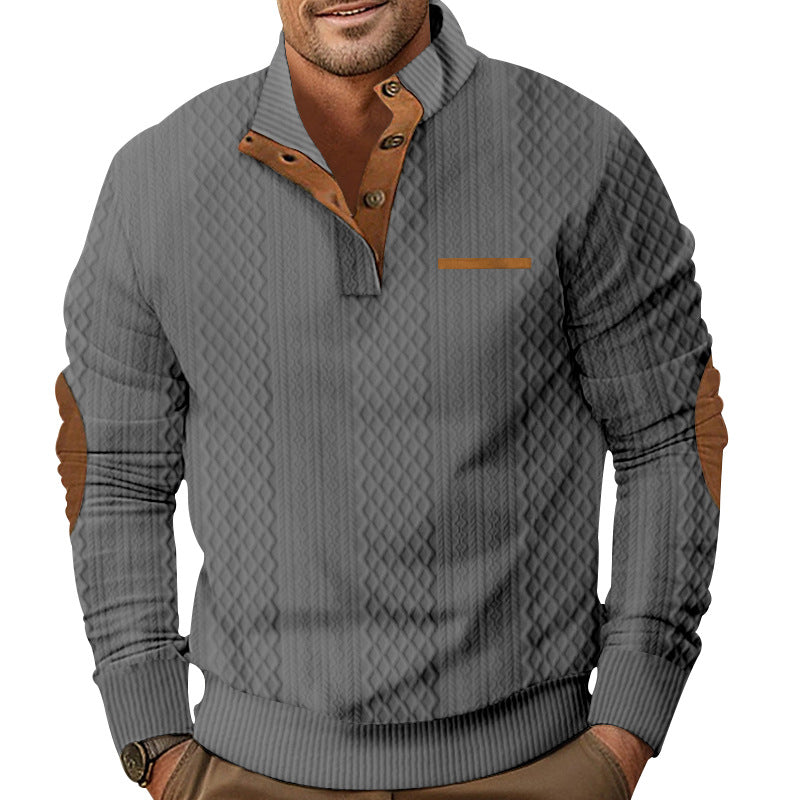 Herren nan strukturierter Strickpullover mit Stehkragen, Knopfleiste und Ellenbogenpatches R&B