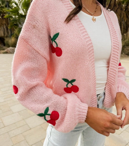 Damen Großer Cardigan mit verspieltem Kirschmotiv R&B