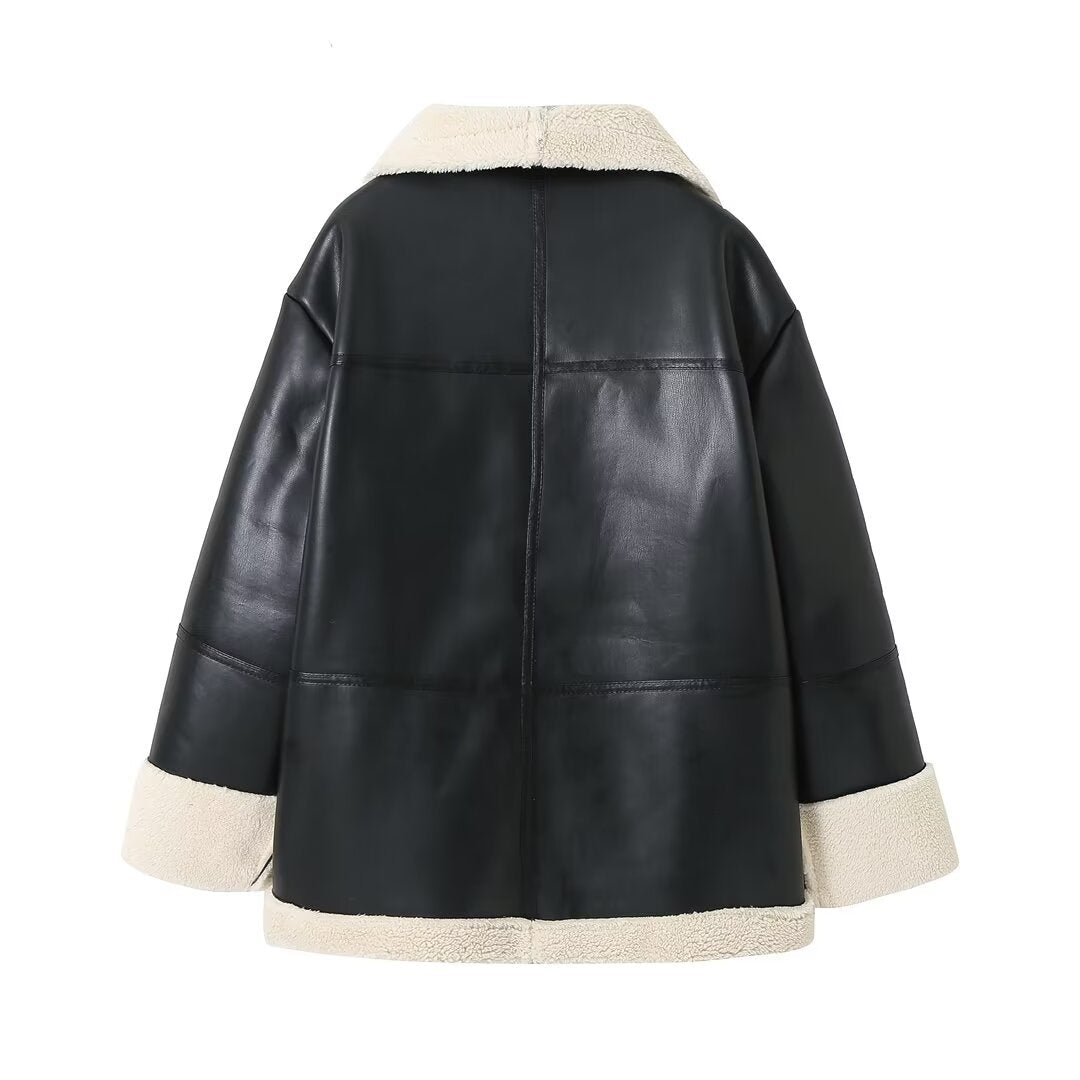 Damen gesteppte Kunstlederjacke mit warmem Innenfutter und elegantem Revers R&B