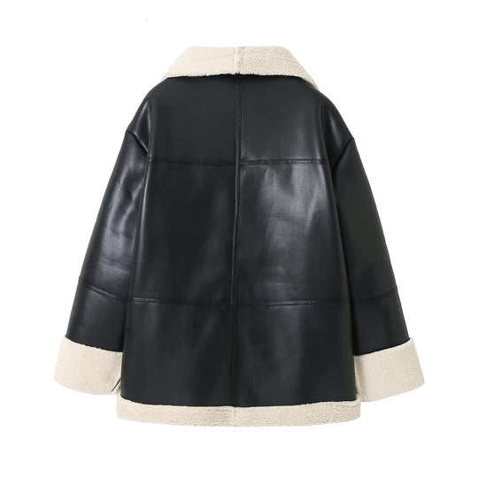 Damen gesteppte Kunstlederjacke mit warmem Innenfutter und elegantem Revers R&B
