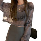 Damen cropped Sweatshirt im modernen Batikdesign mit weiten Ärmeln und Rundhalsausschnitt