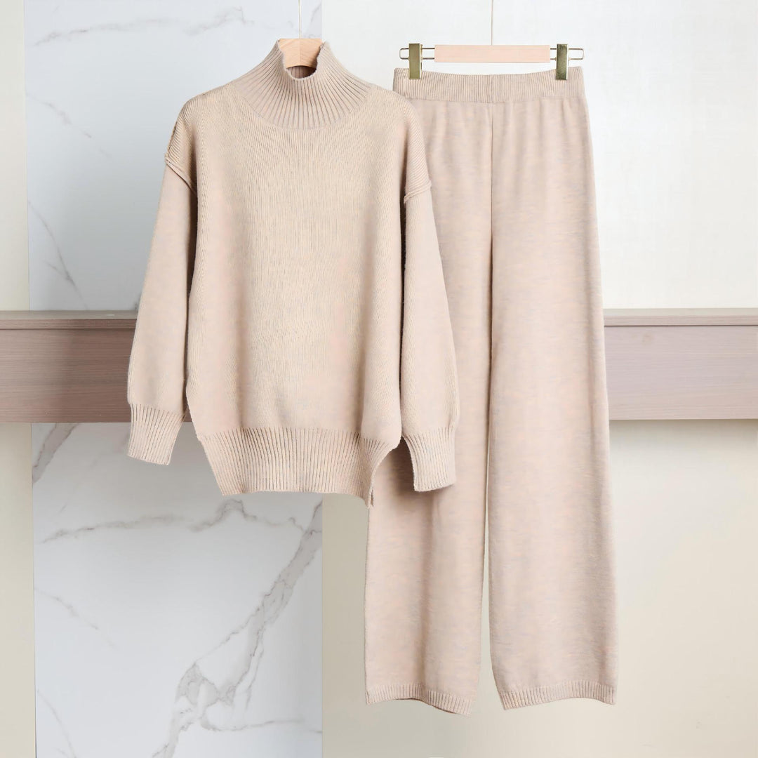 Damen Gemütliches Strickensemble mit hohem Kragen und weit geschnittenen Hosen R&B