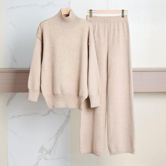Damen Gemütliches Strickensemble mit hohem Kragen und weit geschnittenen Hosen R&B