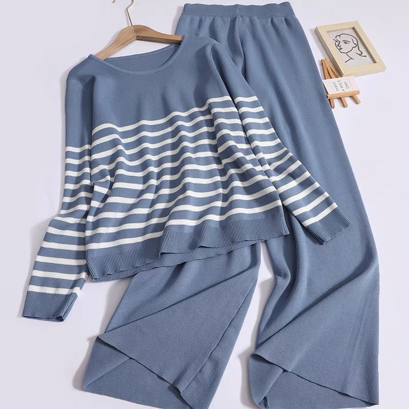 Damen gemütliches Strick-Loungewear-Set mit Streifenmuster R&B