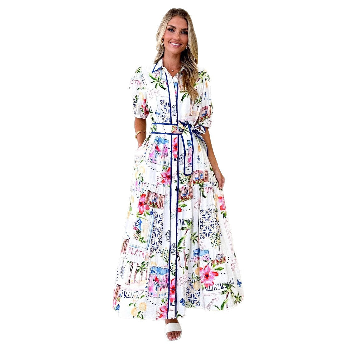 Damen Maxikleid mit buntem floralem Druck und einem eleganten Gürtel R&B