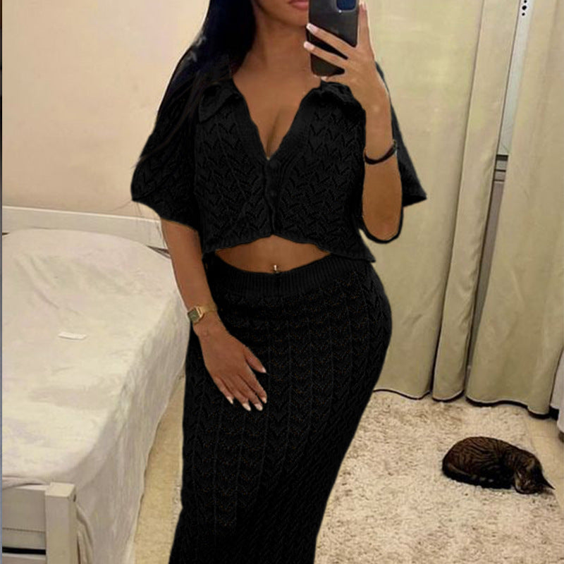 Damen Strick-Kleid mit hohen Seitenschlitzen und modischem Lochmuster R&B
