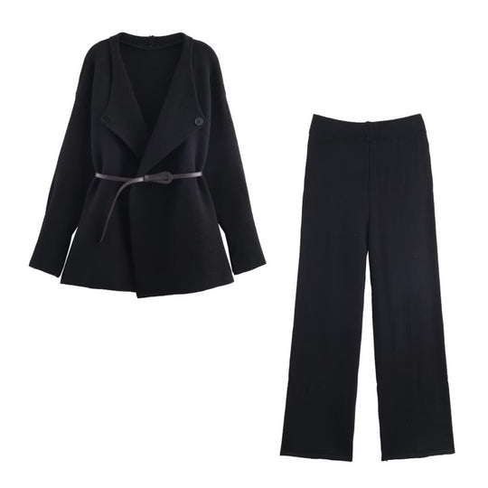 Damen elegantes Strickset mit tailliertem Blazer und weitem Hosenbein R&B