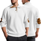 Herren nan Rippstrick-Halbknopf-Pullover mit Kentkragen und Lederbesatz R&B